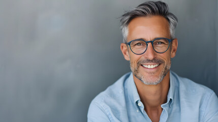 Smiling middle-aged man with glasses and gray hair in a blue shirt, happy and confident, against a gray background.