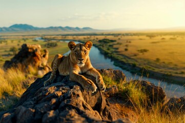 Wall Mural - A majestic lioness resting on a rocky outcrop overlooking a vast African savannah at sunset.