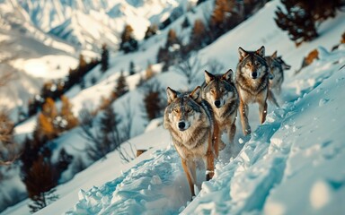 Poster - A pack of wolves running through the snow in a mountainous landscape during winter.