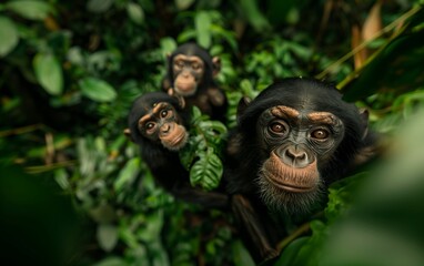 Wall Mural - Close-up of three young chimpanzees in a lush, green jungle environment