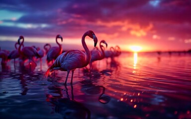 Wall Mural - a group of flamingos standing in shallow water with vibrant colors in the sky
