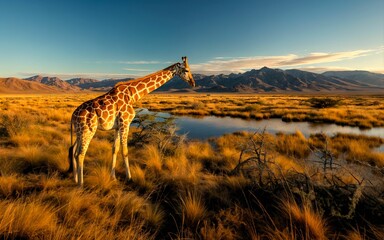 Sticker - A giraffe standing in a golden savannah landscape with mountains