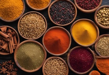 Poster - A colorful assortment of various spices in wooden bowls displayed on a dark surface.