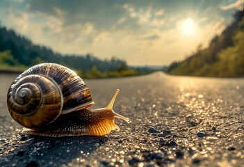 Wall Mural - AI generated illustration of a snail on a road with a beautiful sunset in the background