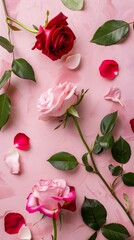 Wall Mural - Valentine's Day design concept background with pink and red rose flower on pink table background, Valentines, Spring or Mothers day