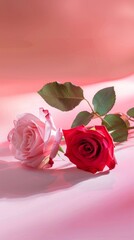 Wall Mural - Valentine's Day design concept background with pink and red rose flower on pink table background, Valentines, Spring or Mothers day