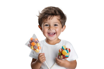 Poster - Portrait of a smiling little boy holding candies with happy expression, isolated on transparent background