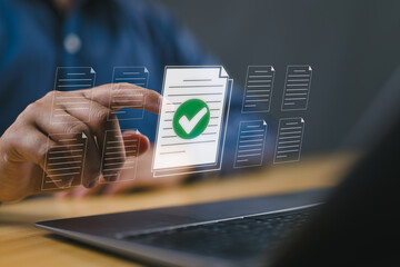 Fototapete - Document management concept. Person use laptop to paperless online approval for business process workflow illustrating management approval and project approve concept.