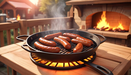 Wall Mural - Sausages on the grill pan on the wooden table 2