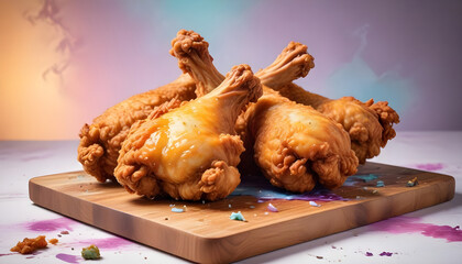 Wall Mural - Crispy fried chicken on a wooden cutting board on white background 2