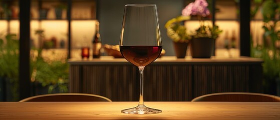 Poster - A glass of red wine on a wooden table. AI.