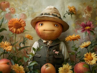 Poster - A peach wearing a hat and vest stands in a field of flowers. AI.