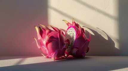 Canvas Print - Pink dragon fruit on a white table. AI.