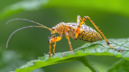 Poster - A close-up photograph of a colorful beetle on a leaf. AI.