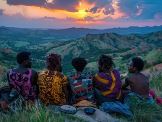 Poster - Five friends watch the sunset over a beautiful landscape. AI.