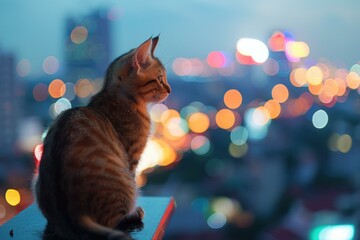 Poster - A cat is sitting on a railing in front of a blurred city night view. AI.