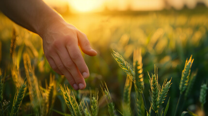 Human man's hand moving through green field of the grass. Male hand touching a young wheat in the wheat field while sunset. Boy's hand touching wheat during sunset