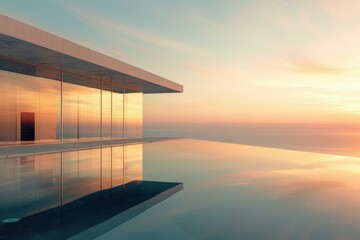 Canvas Print - A modern house with a large glass window reflecting the sky and the sea. AI.