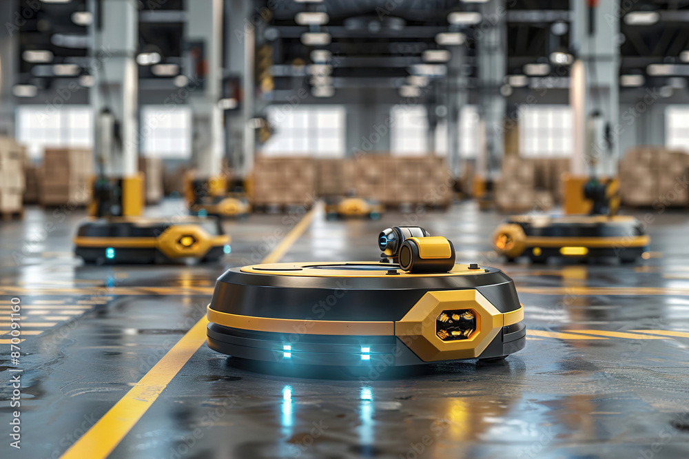 Automated guided vehicles in warehouse: Robots moving pallets within a ...