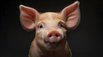 Cute happy baby pig face isolated on black. 