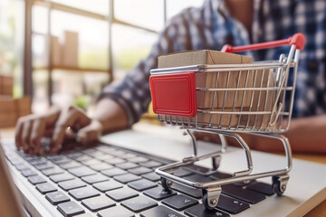 Wall Mural - Online shopping on laptop: Person browsing products on a laptop for e-commerce.