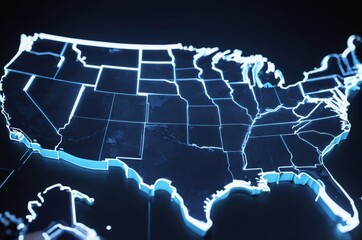 Wall Mural - 3D model of United States illuminated neon blue lines highlighting borders