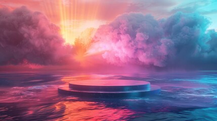 Podium on a surreal, colorful ocean with waves of light and vibrant hues, illustration background
