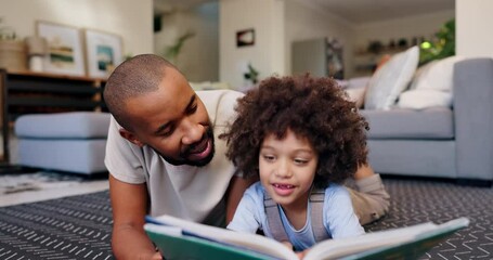 Wall Mural - House, father on carpet and boy reading book, novel and storytelling with love, happiness and bonding together. Family, parent and man with kid, son or childhood development with learning or relax