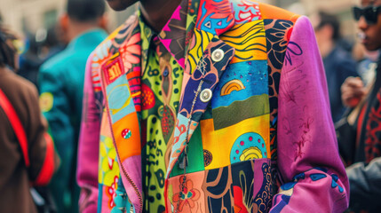 A bold fashion statement with a person wearing a vibrant, patterned suit and unconventional accessories, standing out in a crowd