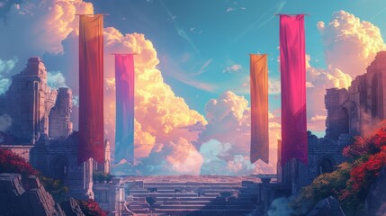 Wall Mural - Podium in a fantasy castle scene with colorful banners and swirling skies, illustration background