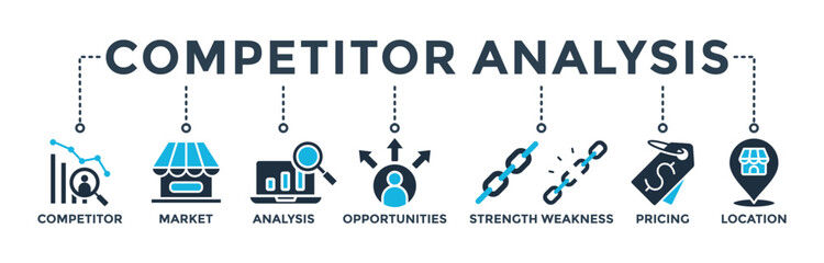Competitor analysis banner concept with icon of competitor, market, analysis, opportunities, strength weakness, pricing, and location. web icon vector illustration 
