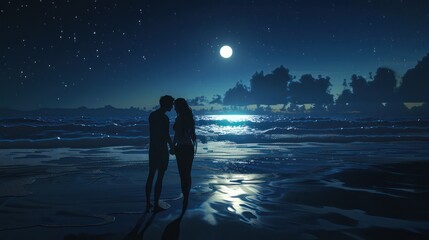 Canvas Print - Silhouette of Lovers at the beach under the moonlight