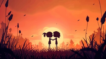 Canvas Print - Stick Characters Silhouette of Loving Couple in the Sunset