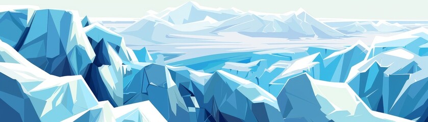 A stunning digital illustration of a vast, icy landscape with sharp glacier formations under a clear sky. Perfect for nature and winter themes.