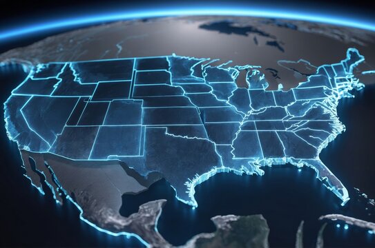 3D rendering of united states map with borders outlined in glowing blue lines