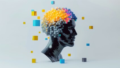 Poster - A digital image of a head with cubes around it. AI.