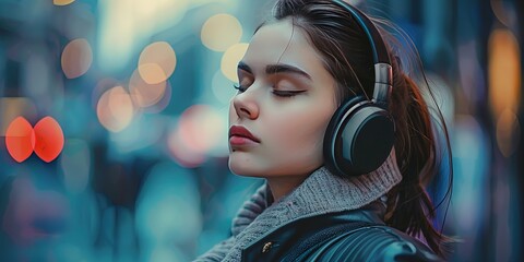 Wall Mural - woman listening to headphones outdoors in the city