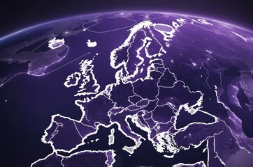 purple and white stylized map of europe highlights borders and cities