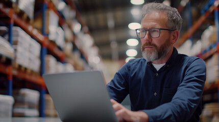 Poster - warehouse manager working on laptop, portrait of a man working on warehouse logistics 