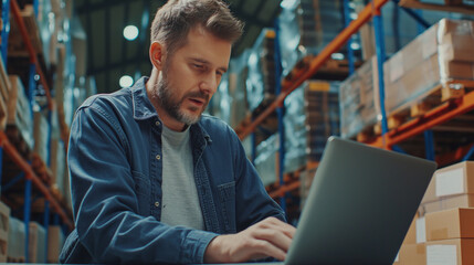 Poster - warehouse manager working on laptop, portrait of a man working on warehouse logistics