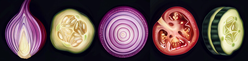 Wall Mural - Vegetables, each sliced in half, red onion, cucumber, and  tomato on black background.