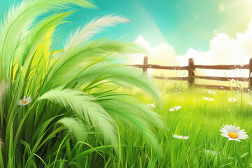 Serene 3D grass meadow, sun-kissed ambiance, bright greens, wildflowers, tranquil setting.