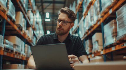 Poster - warehouse manager working on laptop, portrait of a man working on warehouse logistics 