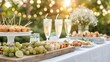 © Paul GoToMars - Elegant outdoor party setup featuring a beautifully arranged table with appetizers, desserts, and festive drinks under warm string lights.
