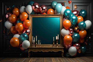 Wall Mural - An artistic arrangement of birthday balloons against a backdrop of an empty frame, creating a festive atmosphere with space for personalized greetings. 