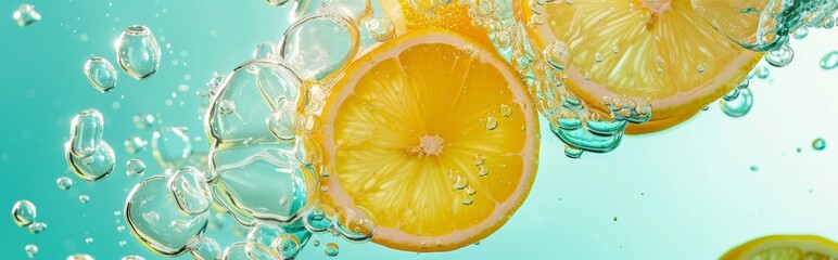 Fresh lemon slices with bubbles in water