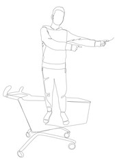 Poster - One continuous line of Man pointing with finger and Shopping Cart. Thin Line Illustration vector concept. Contour Drawing Creative ideas.