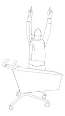 Poster - One continuous line of Man pointing with finger and Shopping Cart. Thin Line Illustration vector concept. Contour Drawing Creative ideas.