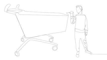 Wall Mural - One continuous line of Man pointing with finger and Shopping Cart. Thin Line Illustration vector concept. Contour Drawing Creative ideas.