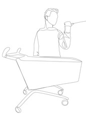 Poster - One continuous line of Man pointing with finger and Shopping Cart. Thin Line Illustration vector concept. Contour Drawing Creative ideas.